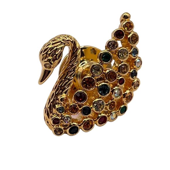 Swarovski Signed Multicolor Crystal Gold Tone Colorful Swan VTG Lapel Pin Brooch - Picture 5 of 9